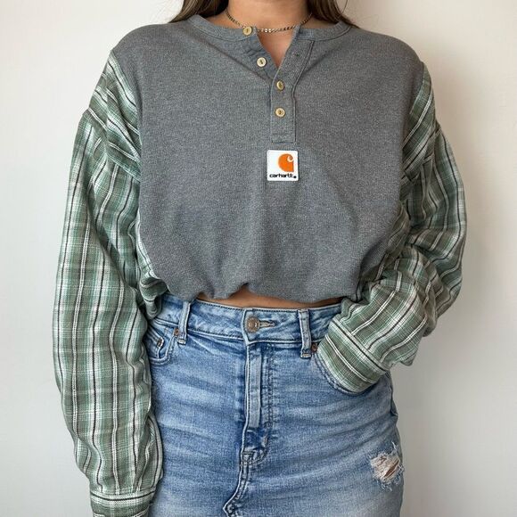 Carhartt Reworked Henley Long Sleeve Relaxed Western Green Plaid Shirt Top - Picture 2 of 4